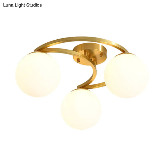 Modern Brass Milk Glass Flush Light With Crescent Canopy - 3/6 Head Close To Ceiling Lamp