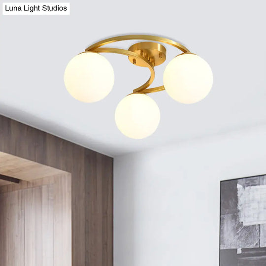 Modern Brass Milk Glass Flush Light With Crescent Canopy - 3/6 Head Close To Ceiling Lamp