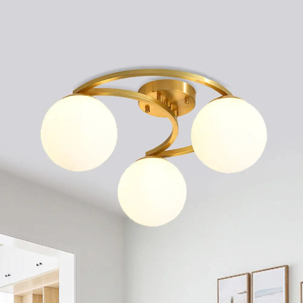 Modern Brass Milk Glass Flush Light With Crescent Canopy - 3/6 Head Close To Ceiling Lamp 3 /