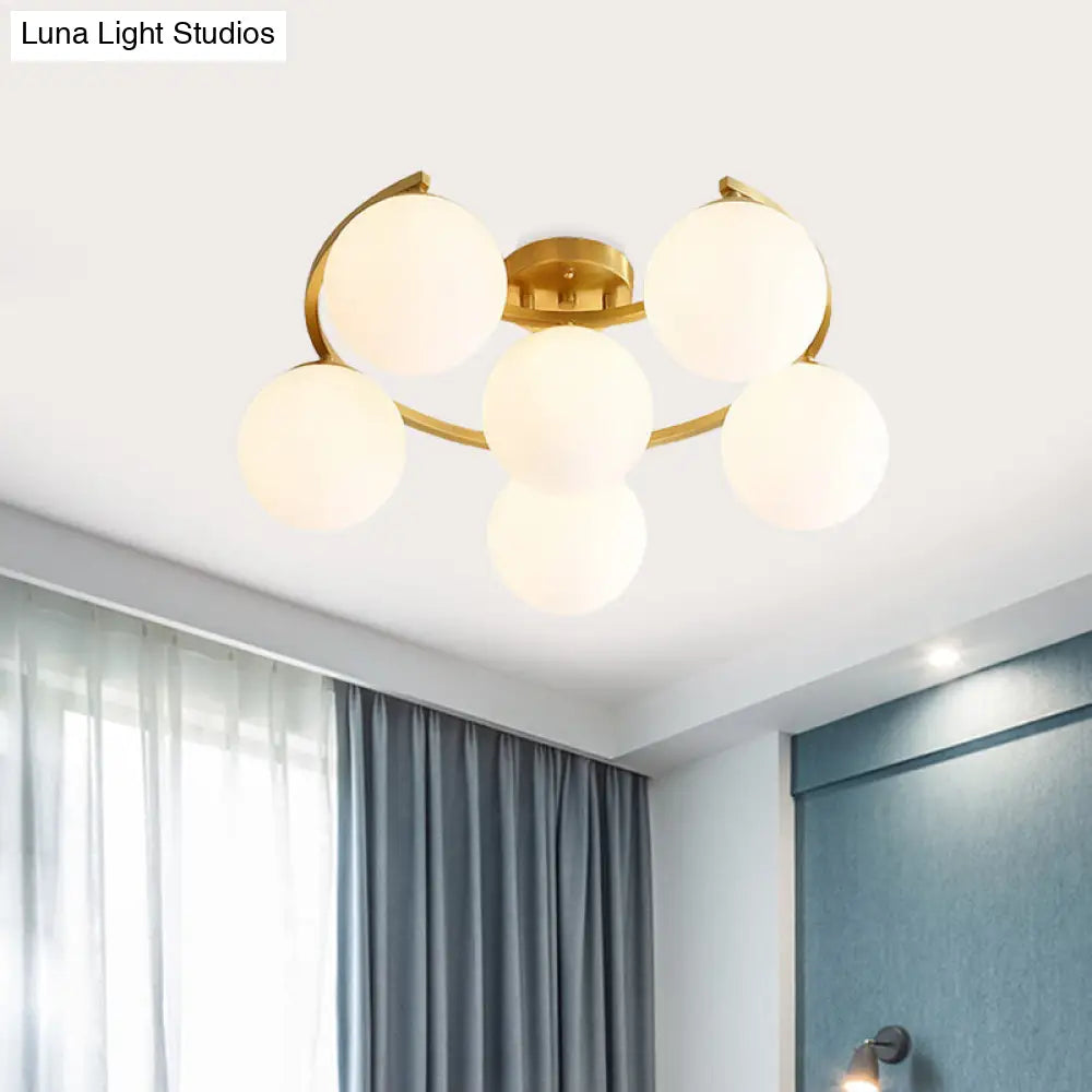 Modern Brass Milk Glass Flush Light With Crescent Canopy - 3/6 Head Close To Ceiling Lamp 6 /