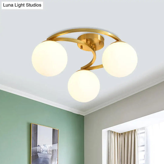 Modern Brass Milk Glass Flush Light With Crescent Canopy - 3/6 Head Close To Ceiling Lamp