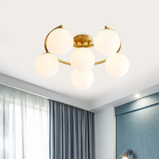 Modern Brass Milk Glass Flush Light With Crescent Canopy - 3/6 Head Close To Ceiling Lamp 6 /