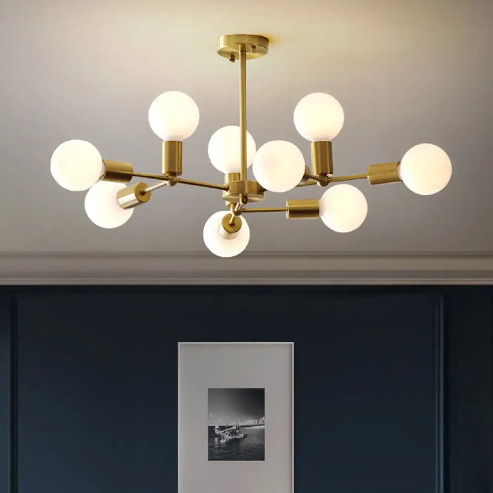 Modern Brass Modo Pendant Chandelier With 9 Frosted White Glass Lights - Branch Design