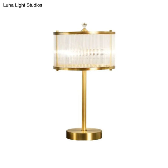 Modern Brass Nightstand Lamp For Bedside - Clear Glass Rod Drum Shade Table Light With 1 Bulb