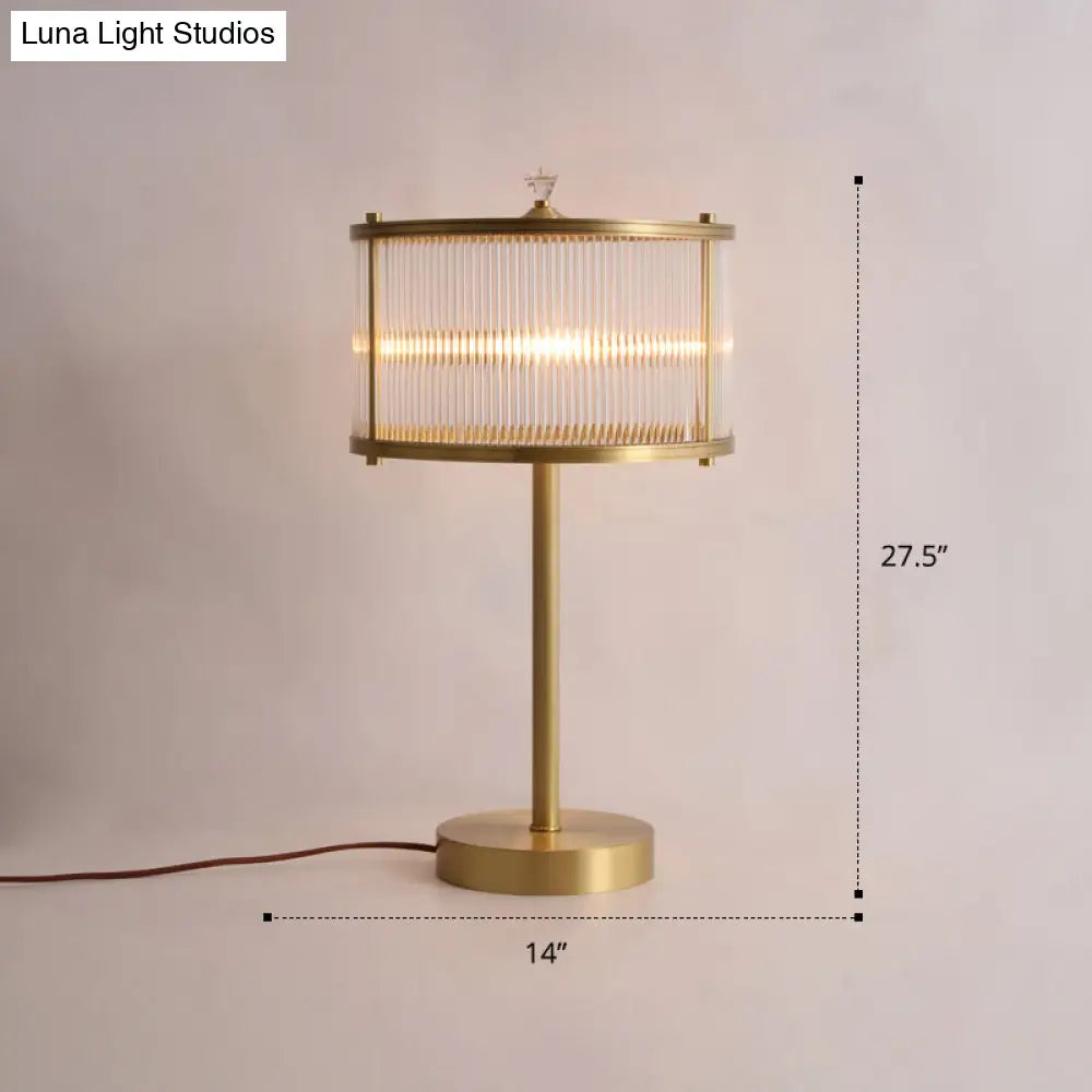 Modern Brass Nightstand Lamp For Bedside - Clear Glass Rod Drum Shade Table Light With 1 Bulb