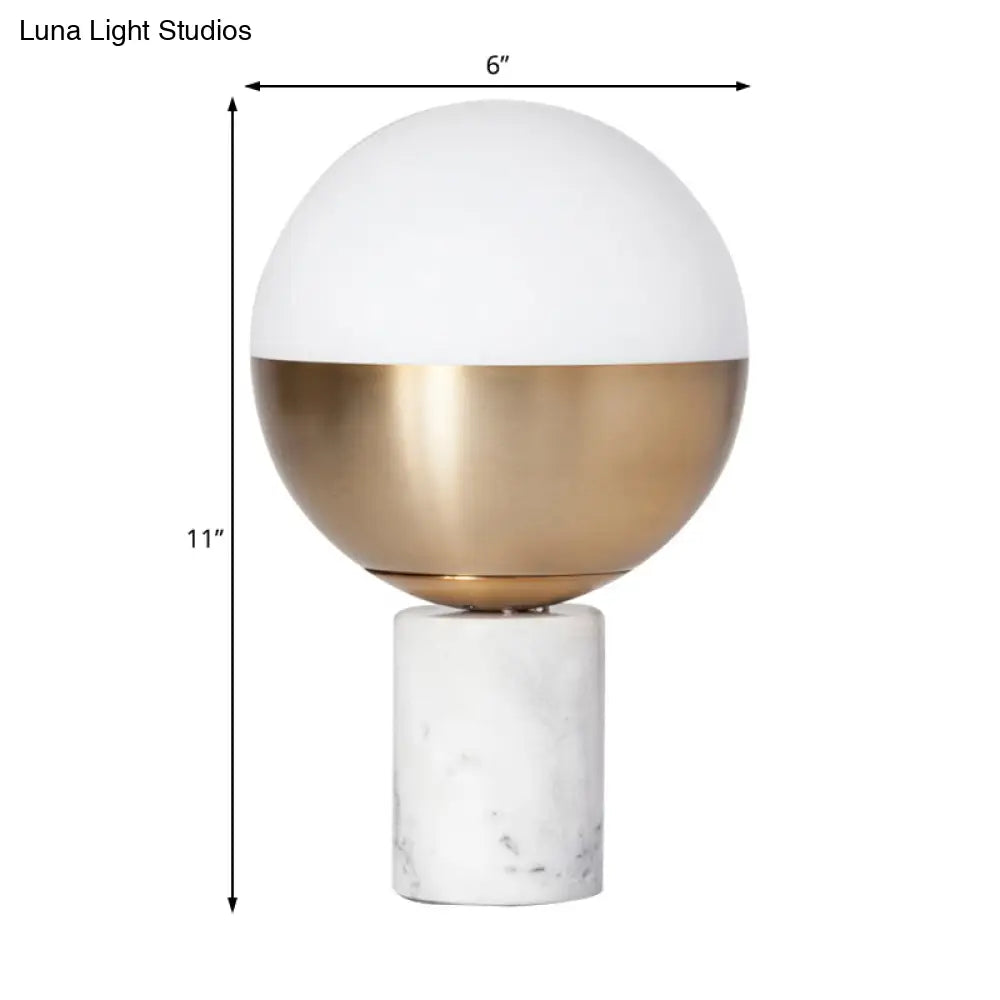 Modern Brass Orbit Table Lamp With Opal Glass Shade And Marble Base