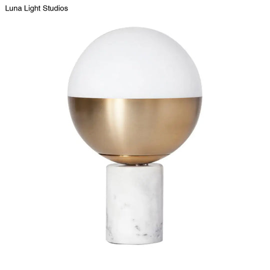 Modern Brass Orbit Table Lamp With Opal Glass Shade And Marble Base