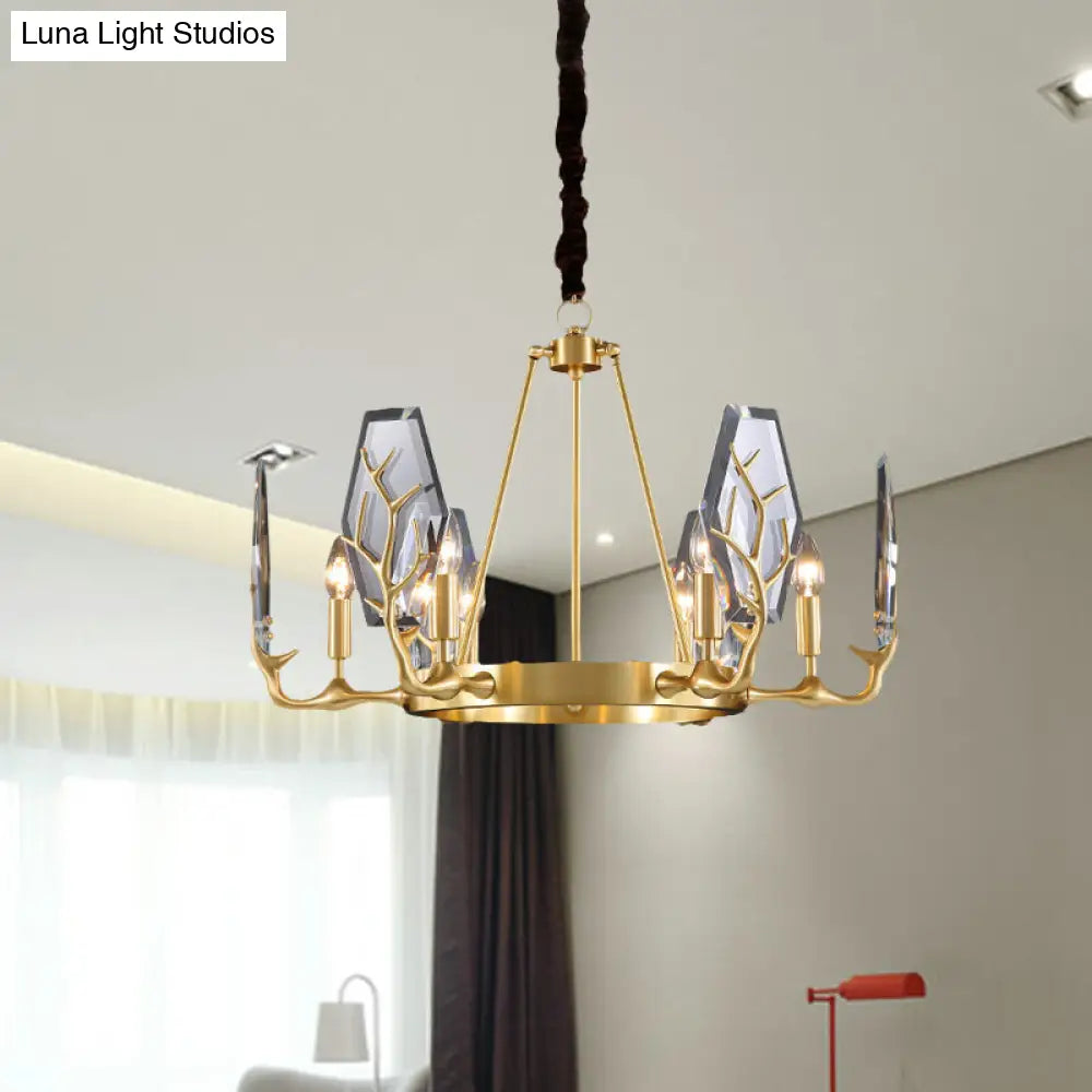 Modern Brass Panel Pendant Chandelier With Crystal Round Hanging Ceiling Lamp - 6/8 Lights 6 /