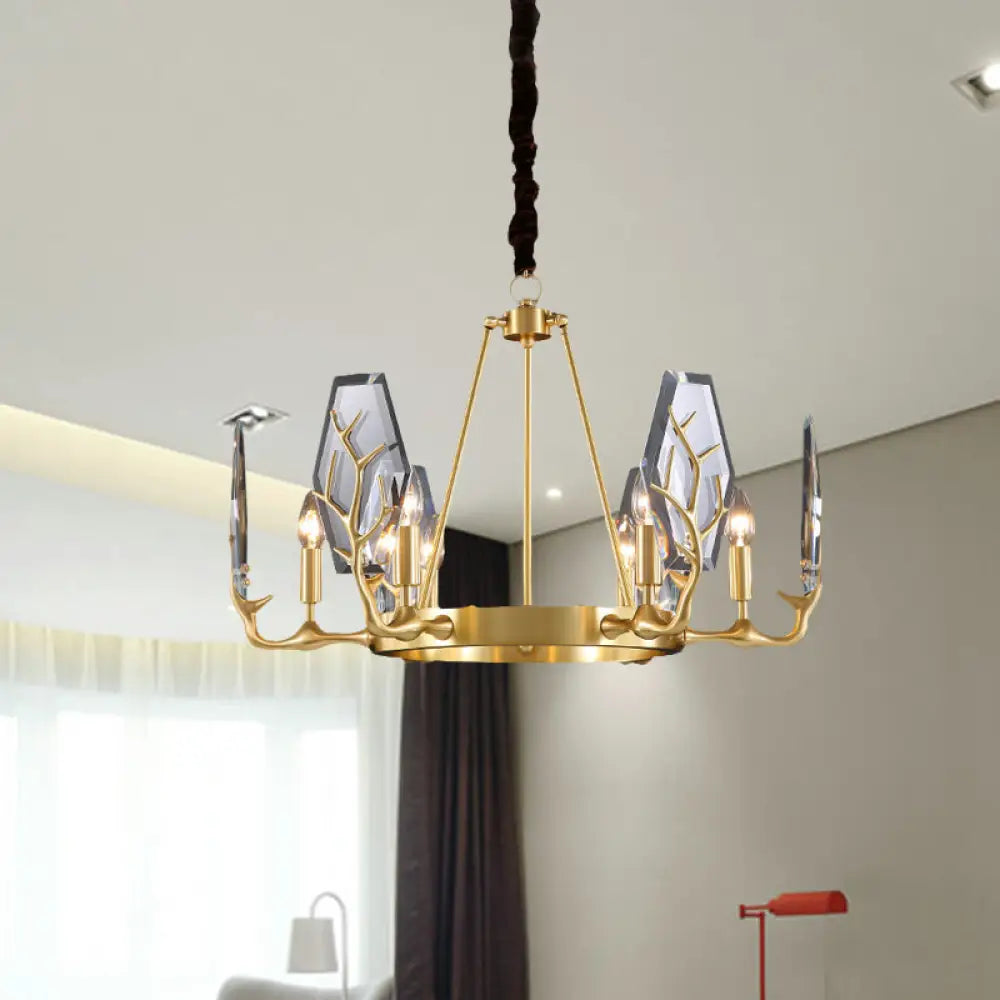 Modern Brass Panel Pendant Chandelier With Crystal Round Hanging Ceiling Lamp - 6/8 Lights 6 /