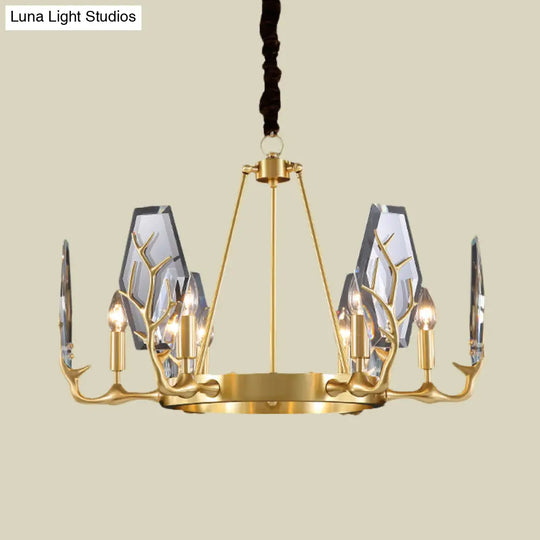 Modern Brass Panel Pendant Chandelier With Crystal Round Hanging Ceiling Lamp - 6/8 Lights