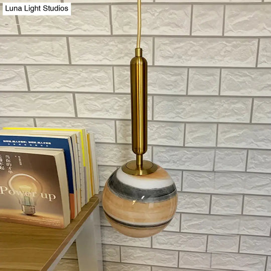 Modern Brass Pendant Bedroom Lamp With Tan/Blue Glass Shade