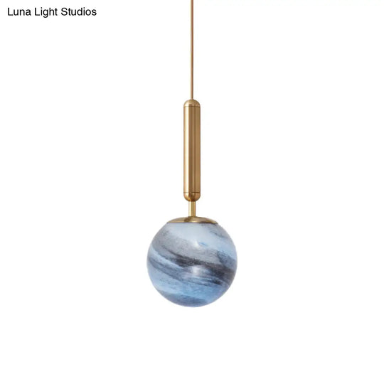 Modern Brass Pendant Bedroom Lamp With Tan/Blue Glass Shade