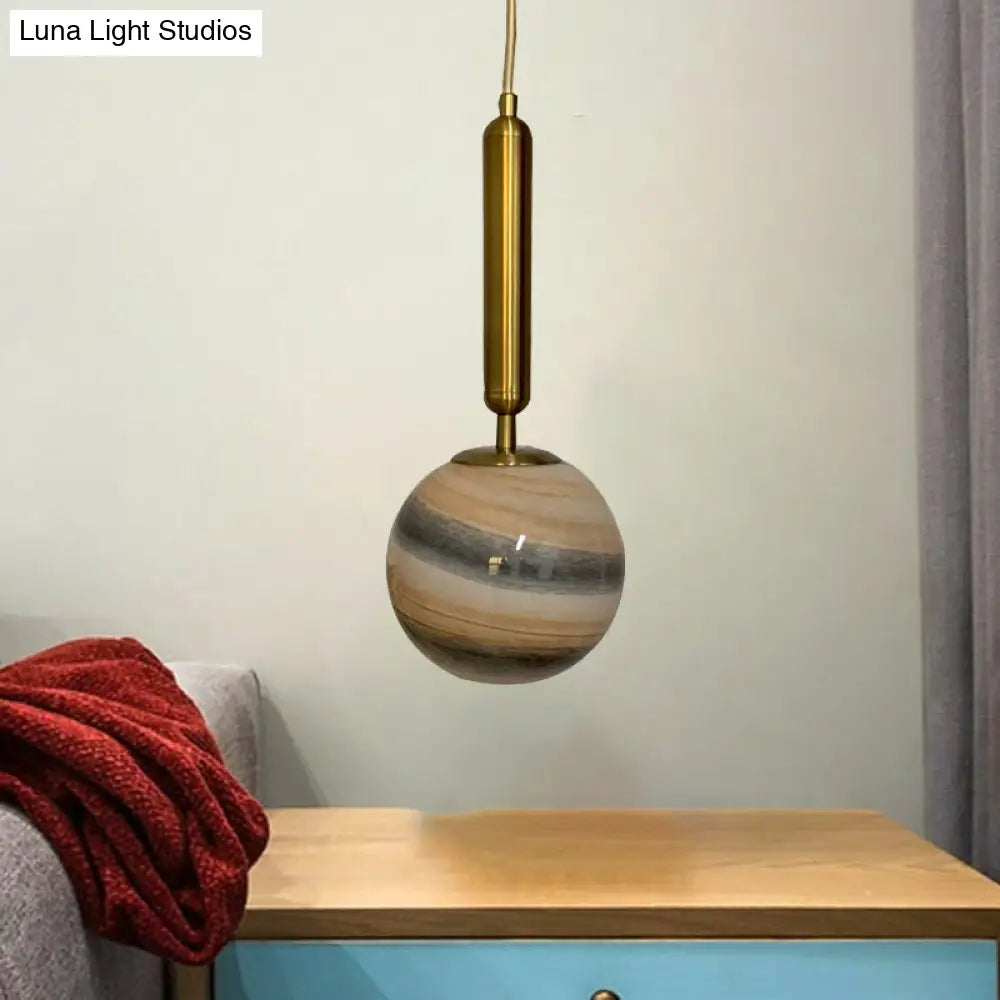 Modern Brass Pendant Bedroom Lamp With Tan/Blue Glass Shade