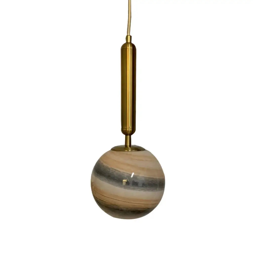 Modern Brass Pendant Bedroom Lamp With Tan/Blue Glass Shade Tan