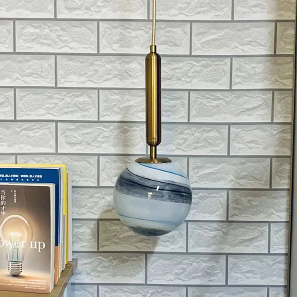 Modern Brass Pendant Bedroom Lamp With Tan/Blue Glass Shade Blue