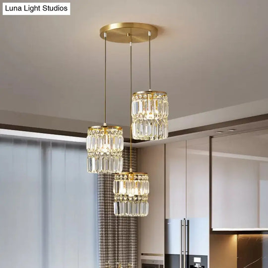 Modern Multi-Pendant Brass Ceiling Light With Crystal Prism Cylinders / Round