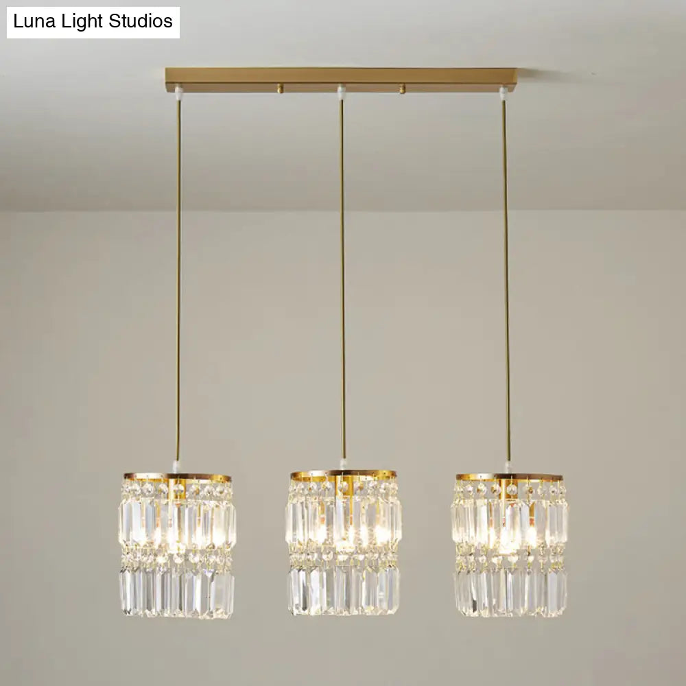 Modern Brass Pendant Ceiling Light With Crystal Prism Cylindrical Design – 3 Heads Round/Linear