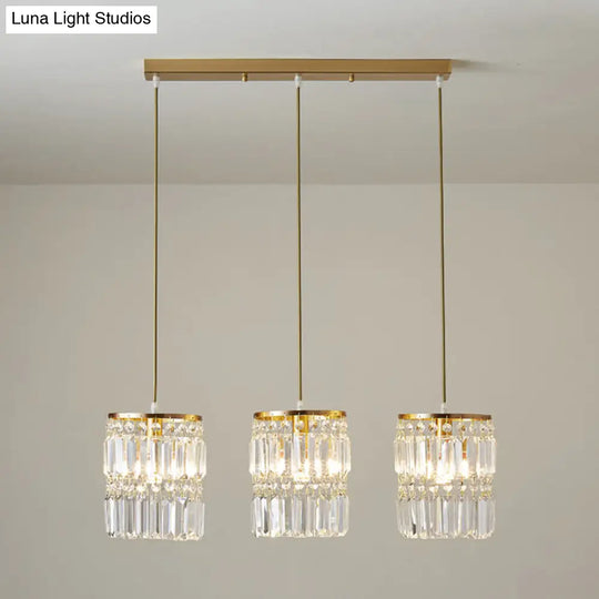 Modern Brass Pendant Ceiling Light With Crystal Prism Cylindrical Design – 3 Heads Round/Linear