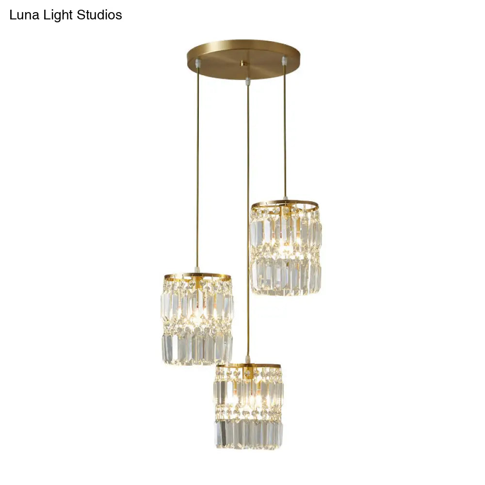 Modern Brass Pendant Ceiling Light With Crystal Prism Cylindrical Design – 3 Heads Round/Linear