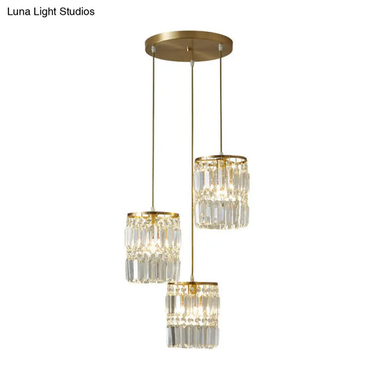 Modern Brass Pendant Ceiling Light With Crystal Prism Cylindrical Design – 3 Heads Round/Linear