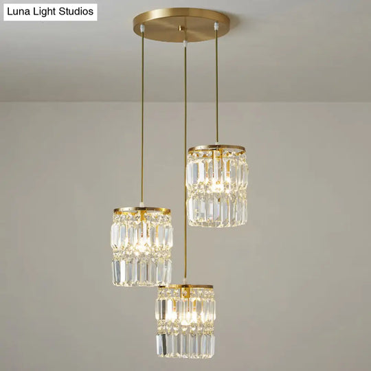 Modern Brass Pendant Ceiling Light With Crystal Prism Cylindrical Design – 3 Heads Round/Linear