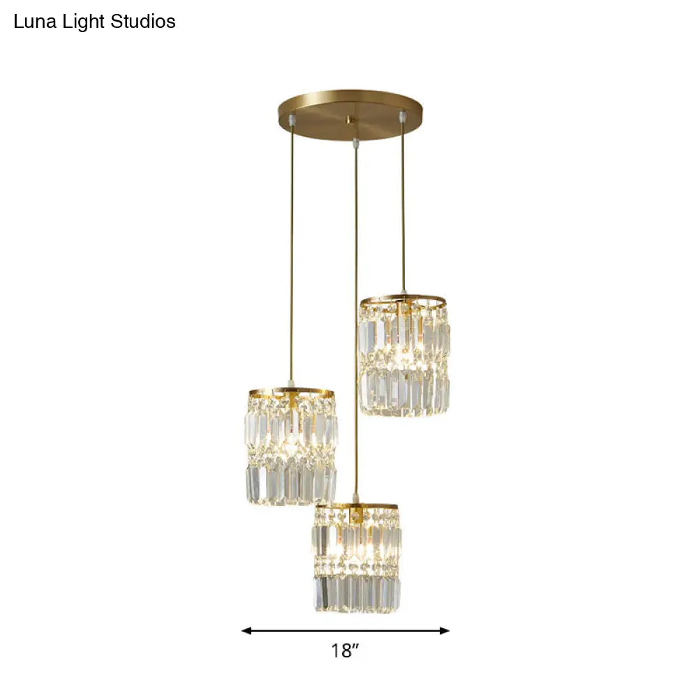 Modern Brass Pendant Ceiling Light With Crystal Prism Cylindrical Design – 3 Heads Round/Linear