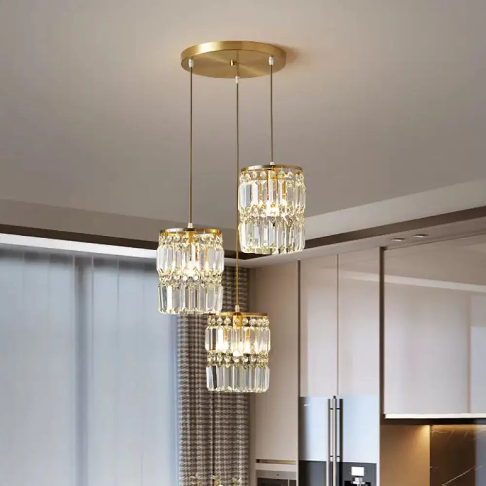 Modern Brass Pendant Ceiling Light With Crystal Prism Cylindrical Design – 3 Heads Round/Linear