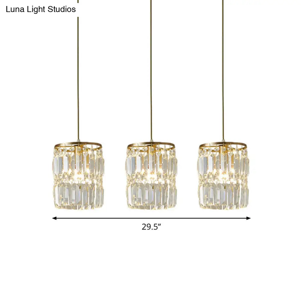 Modern Brass Pendant Ceiling Light With Crystal Prism Cylindrical Design – 3 Heads Round/Linear