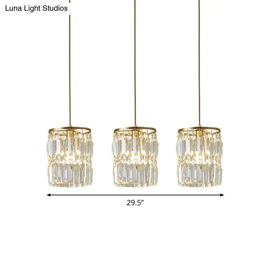 Modern Brass Pendant Ceiling Light With Crystal Prism Cylindrical Design – 3 Heads Round/Linear