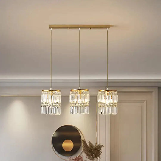 Modern Brass Pendant Ceiling Light With Crystal Prism Cylindrical Design – 3 Heads Round/Linear