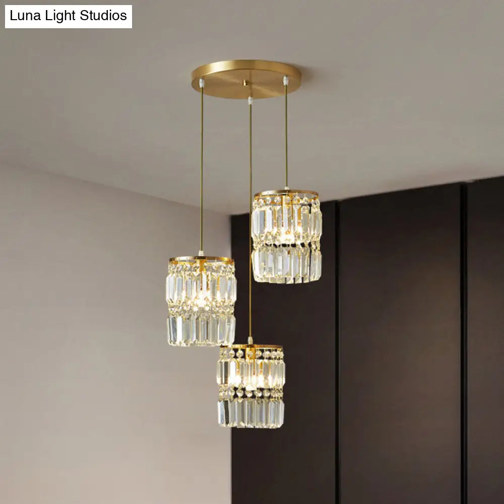 Modern Brass Pendant Ceiling Light With Crystal Prism Cylindrical Design – 3 Heads Round/Linear