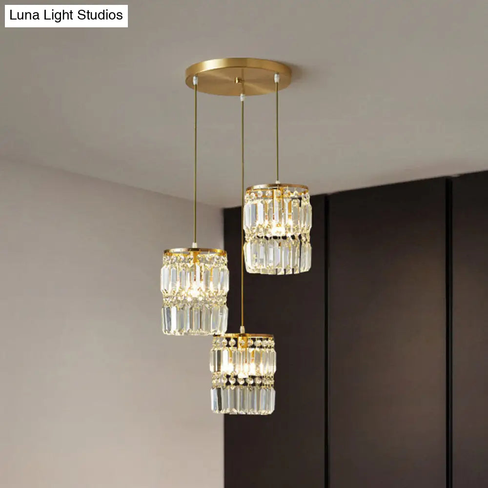 Modern Multi-Pendant Brass Ceiling Light With Crystal Prism Cylinders