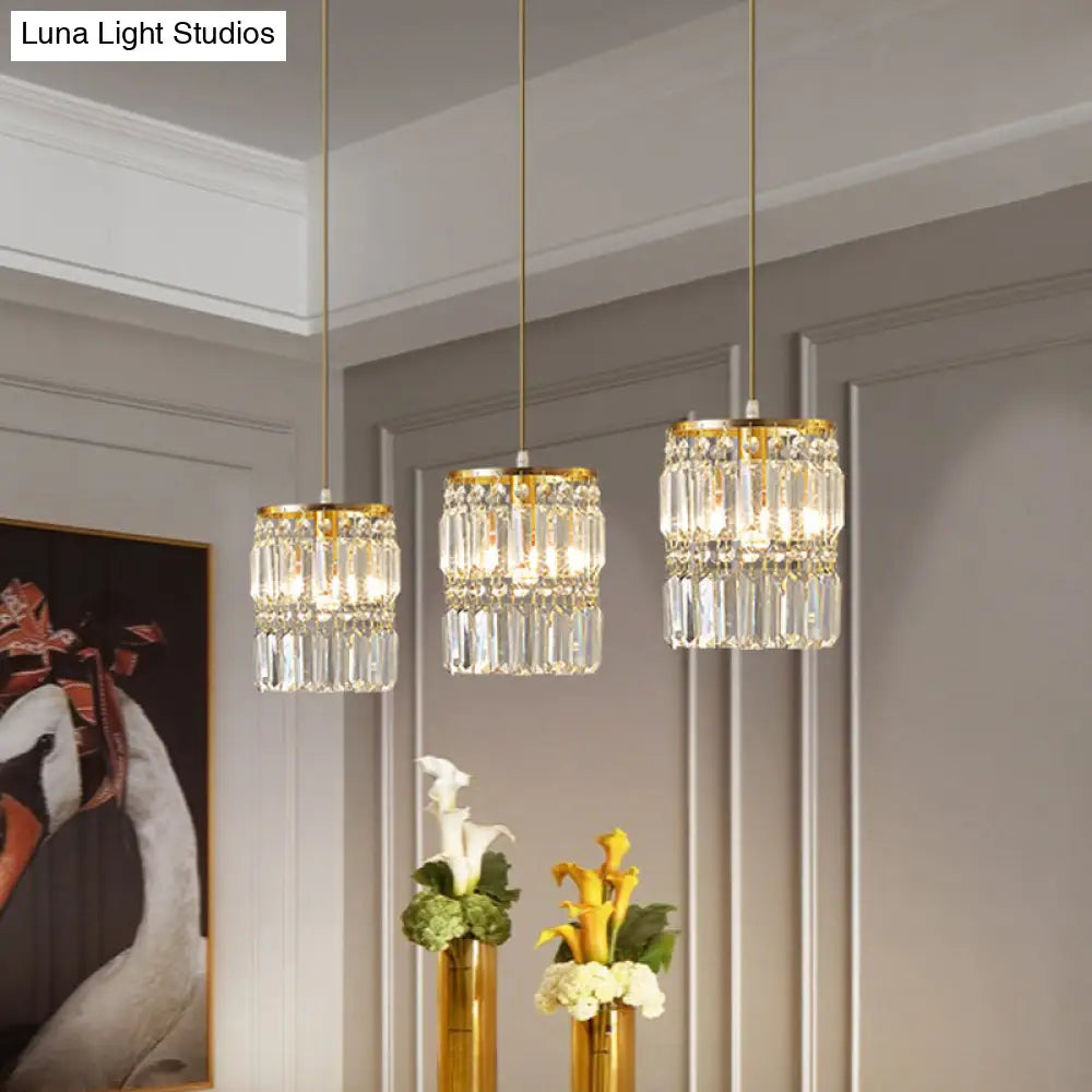 Modern Brass Pendant Ceiling Light With Crystal Prism Cylindrical Design – 3 Heads Round/Linear