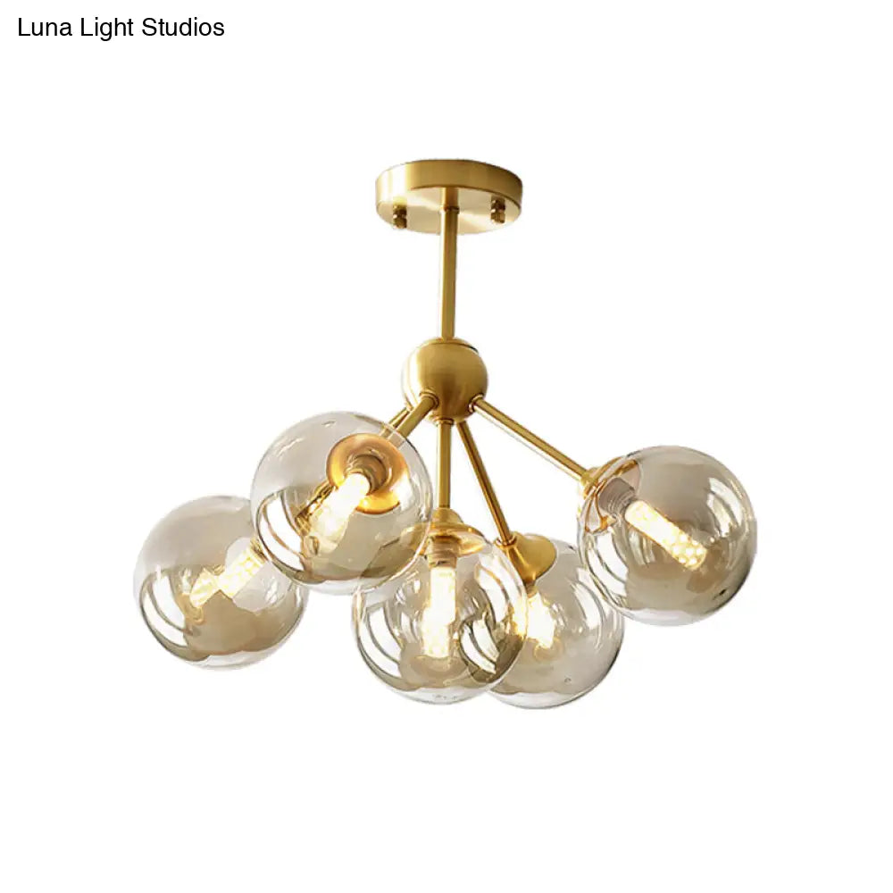 Modern Brass Pendant Chandelier With 5 Orb Amber Glass Shades - Dining Room Hanging Light Kit