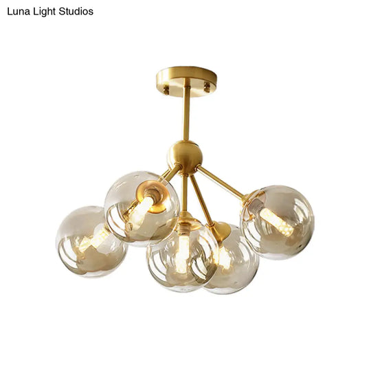 Modern Brass Pendant Chandelier With 5 Orb Amber Glass Shades - Dining Room Hanging Light Kit