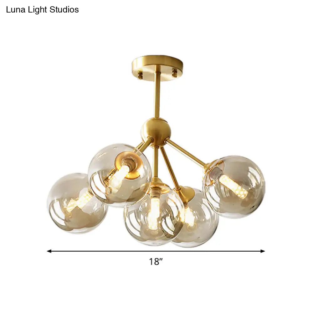 Modern Brass Pendant Chandelier With Amber Glass Shades For Dining Room - 5 Heads