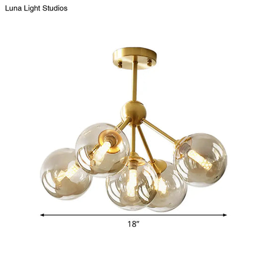 Modern Brass Pendant Chandelier With Amber Glass Shades For Dining Room - 5 Heads