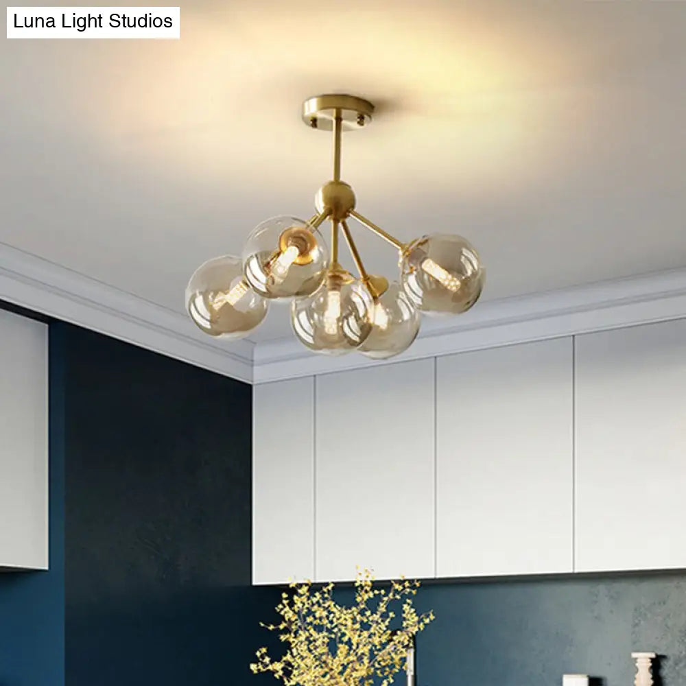 Modern Brass Pendant Chandelier With Amber Glass Shades For Dining Room - 5 Heads