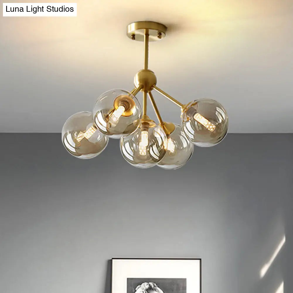 Modern Brass Pendant Chandelier With Amber Glass Shades For Dining Room - 5 Heads