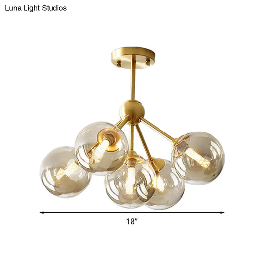 Modern Brass Pendant Chandelier With 5 Orb Amber Glass Shades - Dining Room Hanging Light Kit