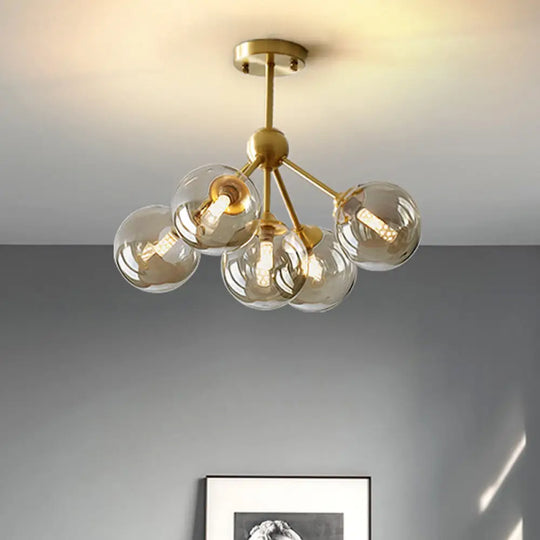 Modern Brass Pendant Chandelier With 5 Orb Amber Glass Shades - Dining Room Hanging Light Kit