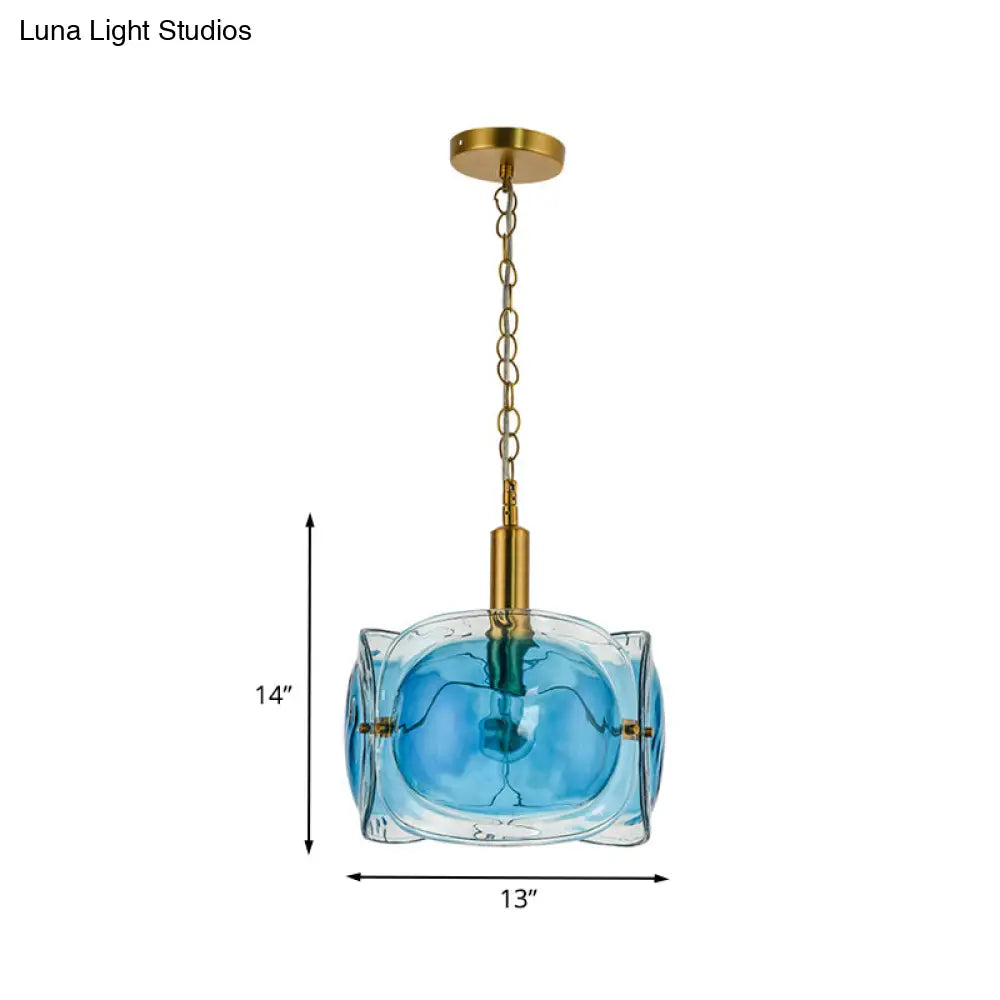 Modern Brass Pendant Lamp Kit | 1-Bulb Restaurant Ceiling Lighting With Blue Water Glass Shade