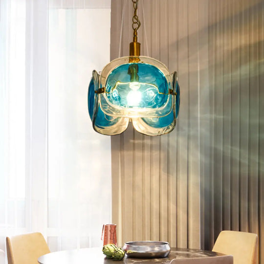 Modern Brass Pendant Lamp Kit | 1-Bulb Restaurant Ceiling Lighting With Blue Water Glass Shade