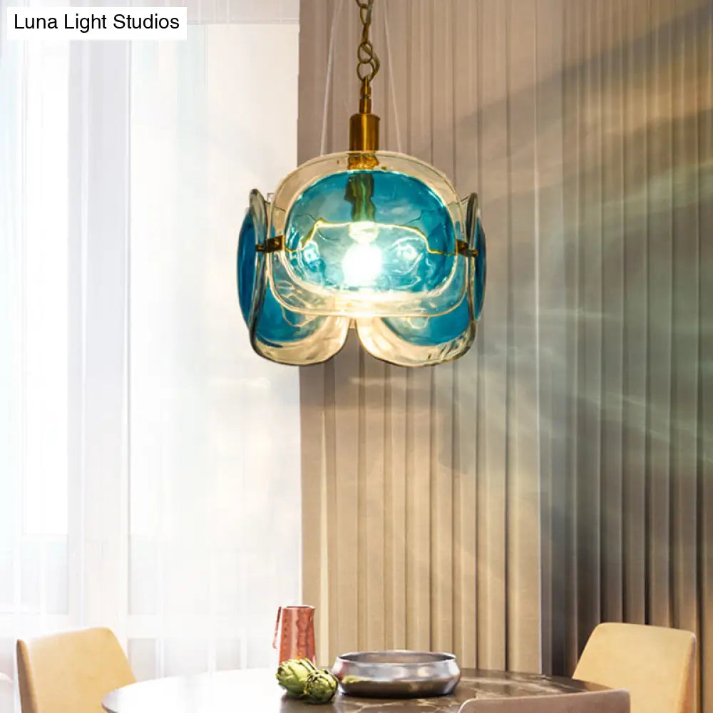 Modern Brass Pendant Lamp With Blue Water Glass Shade - Restaurant Ceiling Light Kit