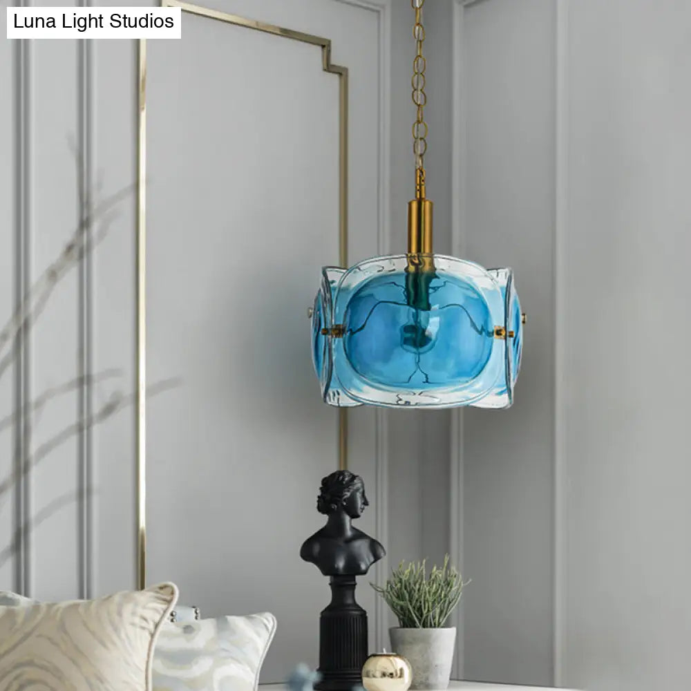 Modern Brass Pendant Lamp Kit | 1-Bulb Restaurant Ceiling Lighting With Blue Water Glass Shade