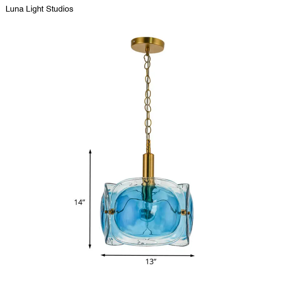 Modern Brass Pendant Lamp With Blue Water Glass Shade - Restaurant Ceiling Light Kit