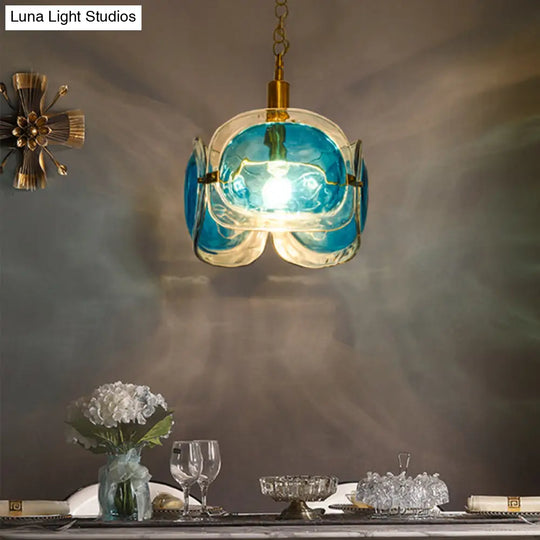 Modern Brass Pendant Lamp Kit | 1-Bulb Restaurant Ceiling Lighting With Blue Water Glass Shade