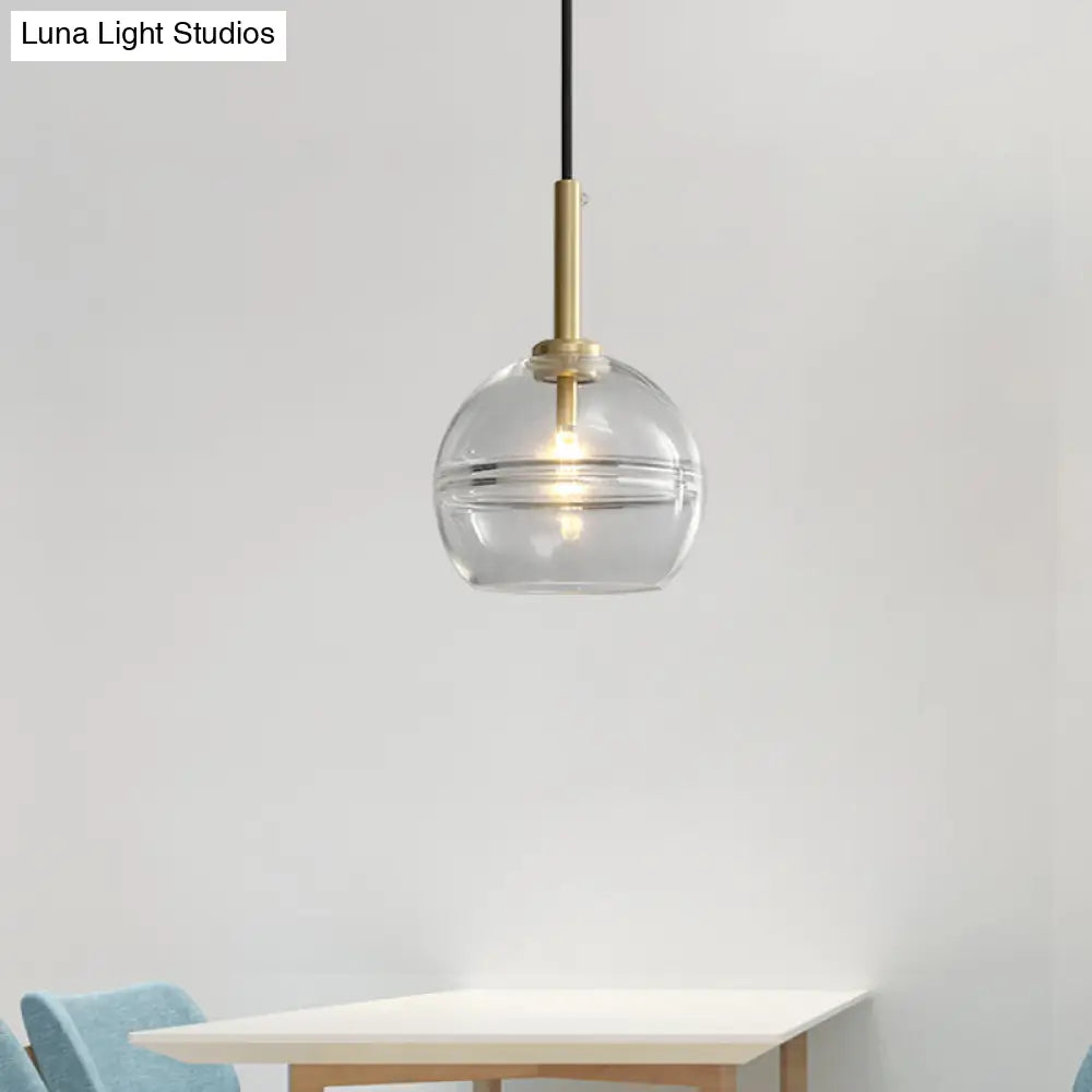 Modernist Brass Pendant Lamp With Clear/Smoke Gray Ruffle Glass Shade - 1 Light Living Room Hanging