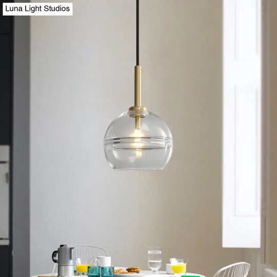 Modernist Brass Pendant Lamp With Clear/Smoke Gray Ruffle Glass Shade - 1 Light Living Room Hanging