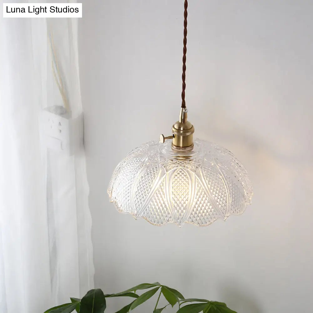 Modern Brass Pendant Lamp With Etched Prismatic Glass Dome For Living Room Lighting